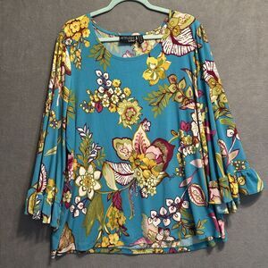 Attitudes by Renee Floral Tunic Top Plus Size 2X Blue Tropical Office Stretch